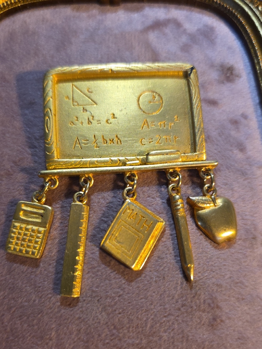 Vintage JJs Gold School-Themed Charm Brooch - Chalkboard & Tools